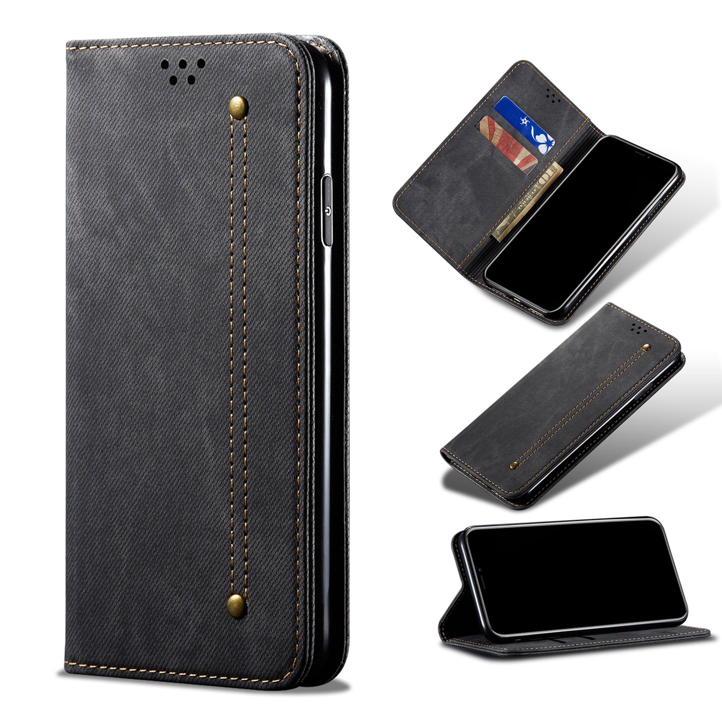 Jeans Cloth Texture All-round Protection Leather Wallet Stand Case for iPhone 13 Pro 6.1 inch