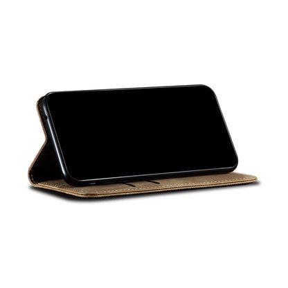 Jeans Cloth Texture All-round Protection Leather Wallet Stand Case for iPhone 13 Pro 6.1 inch