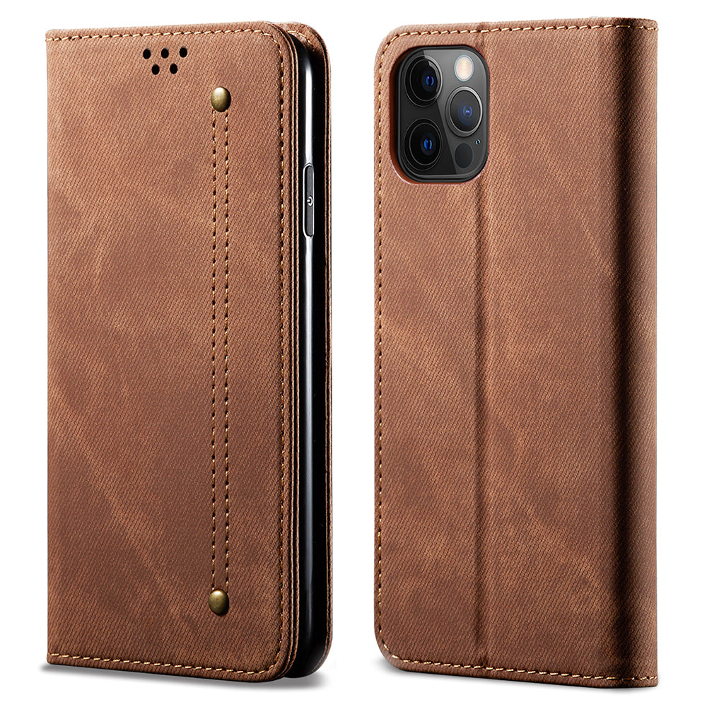 Jeans Cloth Texture All-round Protection Leather Wallet Stand Case for iPhone 13 Pro 6.1 inch