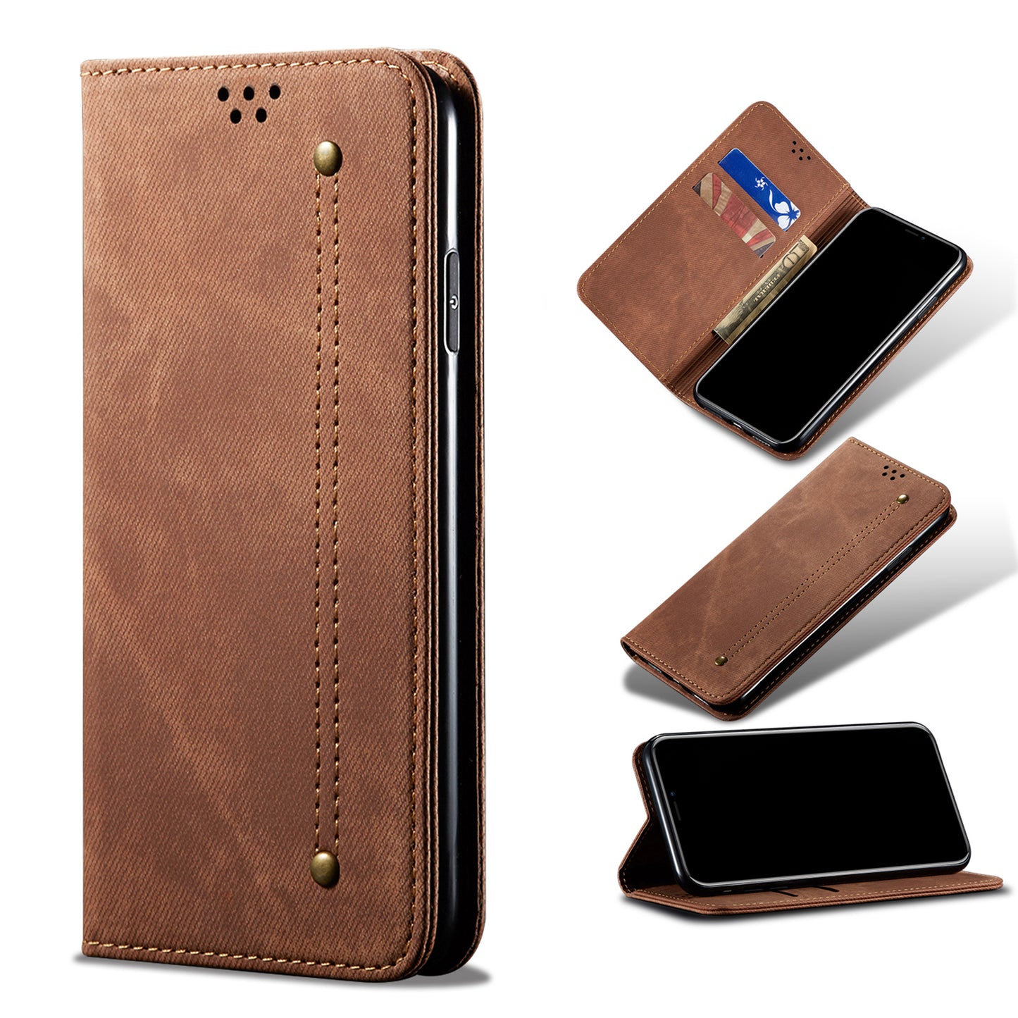 Jeans Cloth Texture All-round Protection Leather Wallet Stand Case for iPhone 13 Pro 6.1 inch