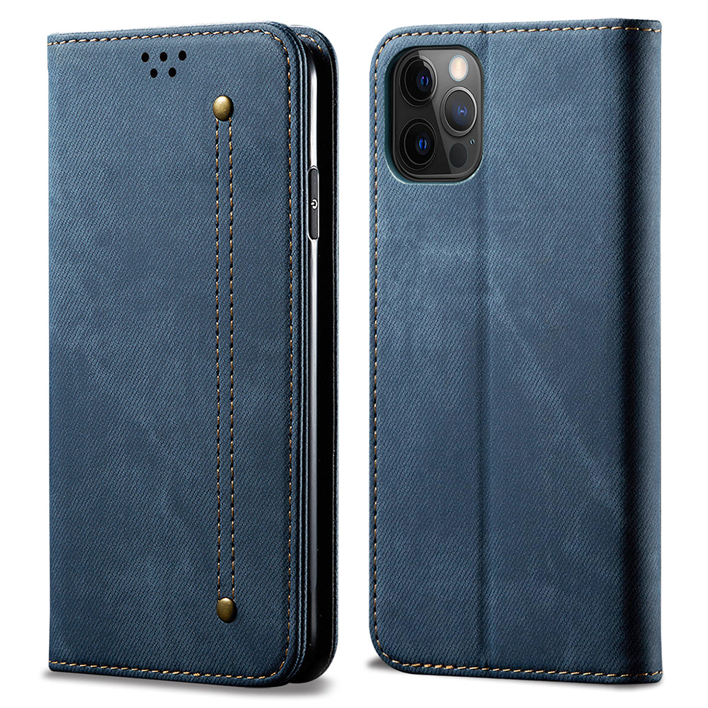 Jeans Cloth Texture All-round Protection Leather Wallet Stand Case for iPhone 13 Pro 6.1 inch