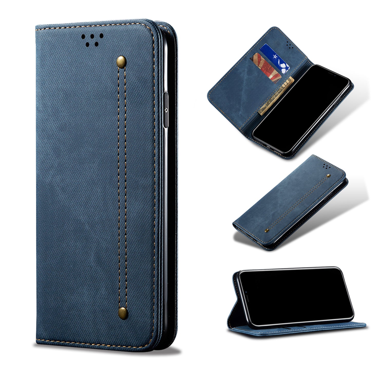 Jeans Cloth Texture All-round Protection Leather Wallet Stand Case for iPhone 13 Pro 6.1 inch