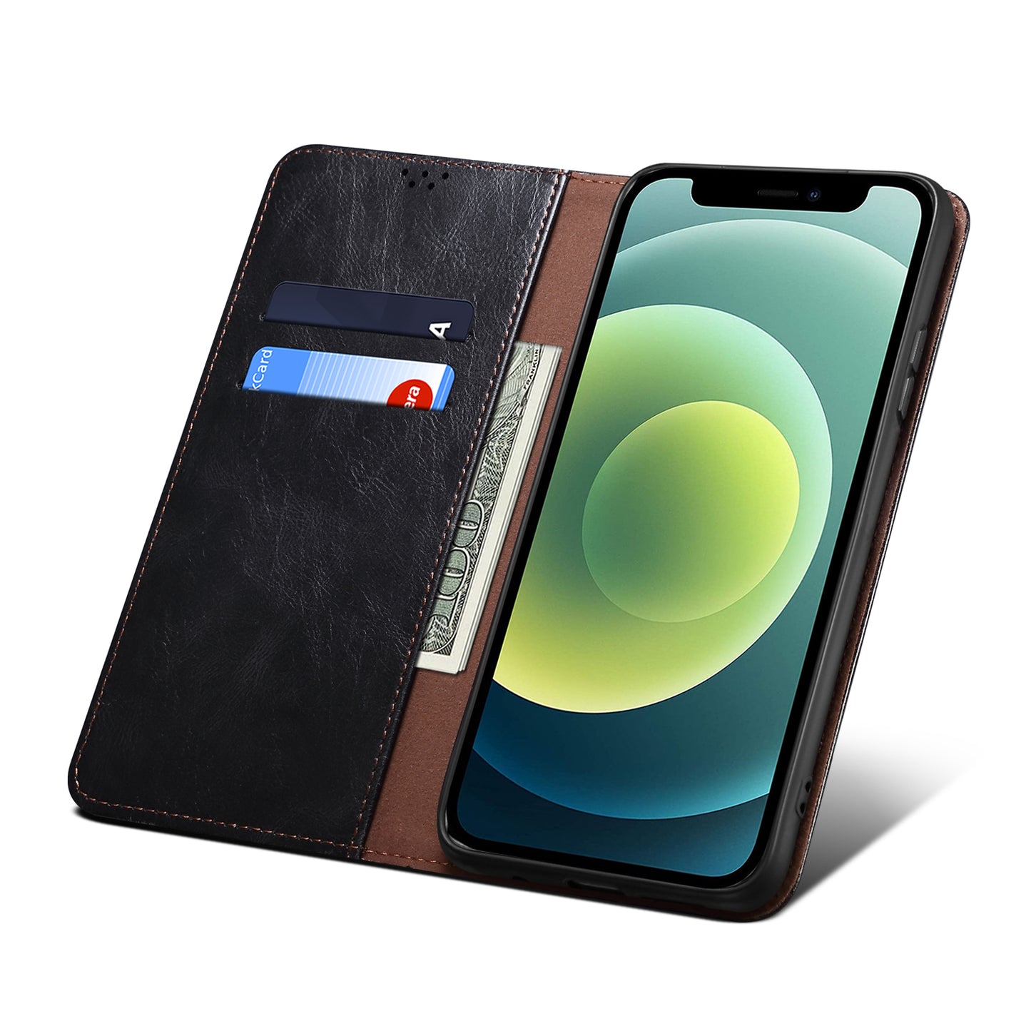PU Leather + Inner Soft TPU Oil Wax Surface Wallet Stand Design Phone Case for iPhone 13 Pro 6.1 inch
