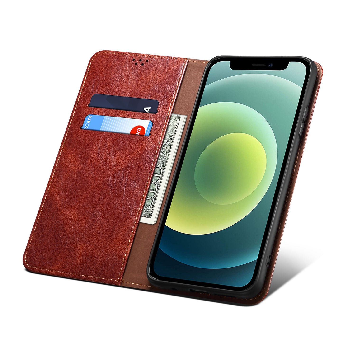 PU Leather + Inner Soft TPU Oil Wax Surface Wallet Stand Design Phone Case for iPhone 13 Pro 6.1 inch
