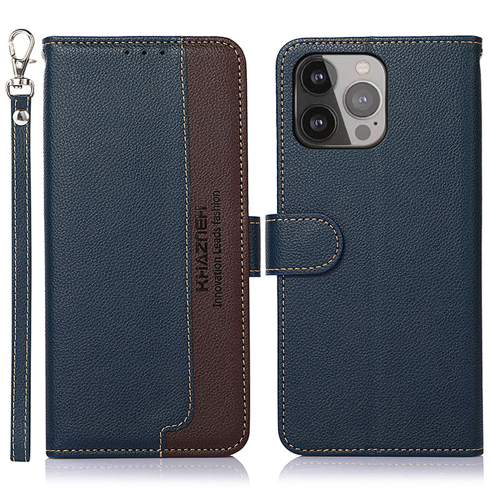 KHAZNEH Litchi Texture Bi-color PU Leather Wallet Phone Stand Case Shell with Anti-theft Swiping Design for iPhone 13 Pro Max 6.7 inch