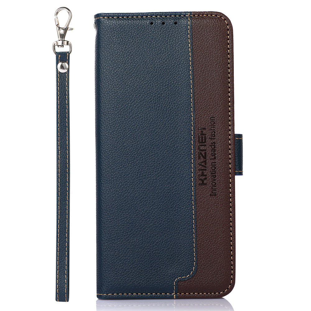 KHAZNEH Litchi Texture Bi-color PU Leather Wallet Phone Stand Case Shell with Anti-theft Swiping Design for iPhone 13 Pro Max 6.7 inch