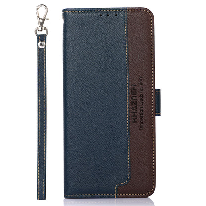 KHAZNEH Litchi Texture Bi-color PU Leather Wallet Phone Stand Case Shell with Anti-theft Swiping Design for iPhone 13 Pro Max 6.7 inch