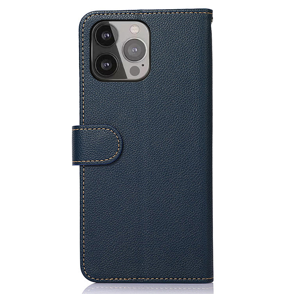 KHAZNEH Litchi Texture Bi-color PU Leather Wallet Phone Stand Case Shell with Anti-theft Swiping Design for iPhone 13 Pro Max 6.7 inch