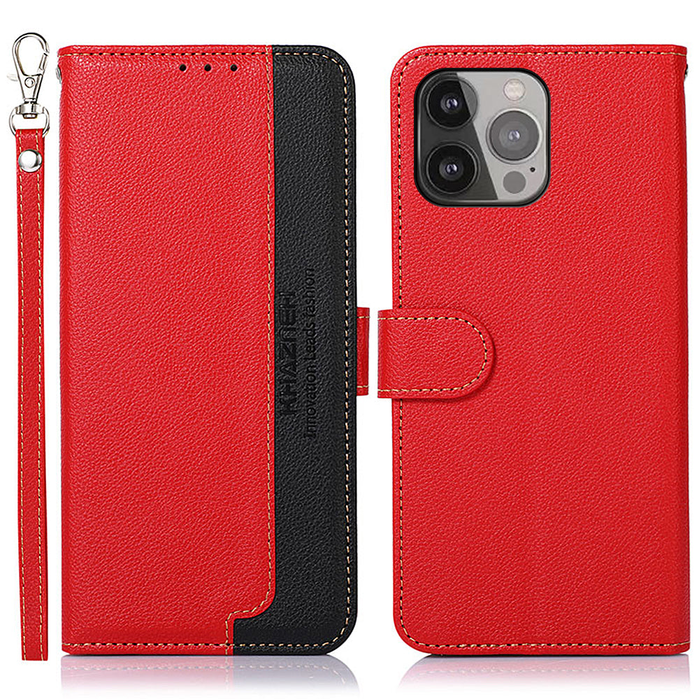 KHAZNEH Litchi Texture Bi-color PU Leather Wallet Phone Stand Case Shell with Anti-theft Swiping Design for iPhone 13 Pro Max 6.7 inch