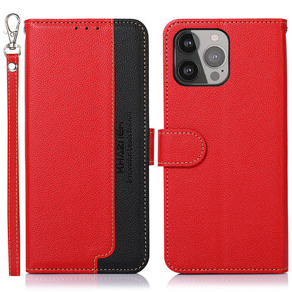 KHAZNEH Litchi Texture Bi-color PU Leather Wallet Phone Stand Case Shell with Anti-theft Swiping Design for iPhone 13 Pro Max 6.7 inch