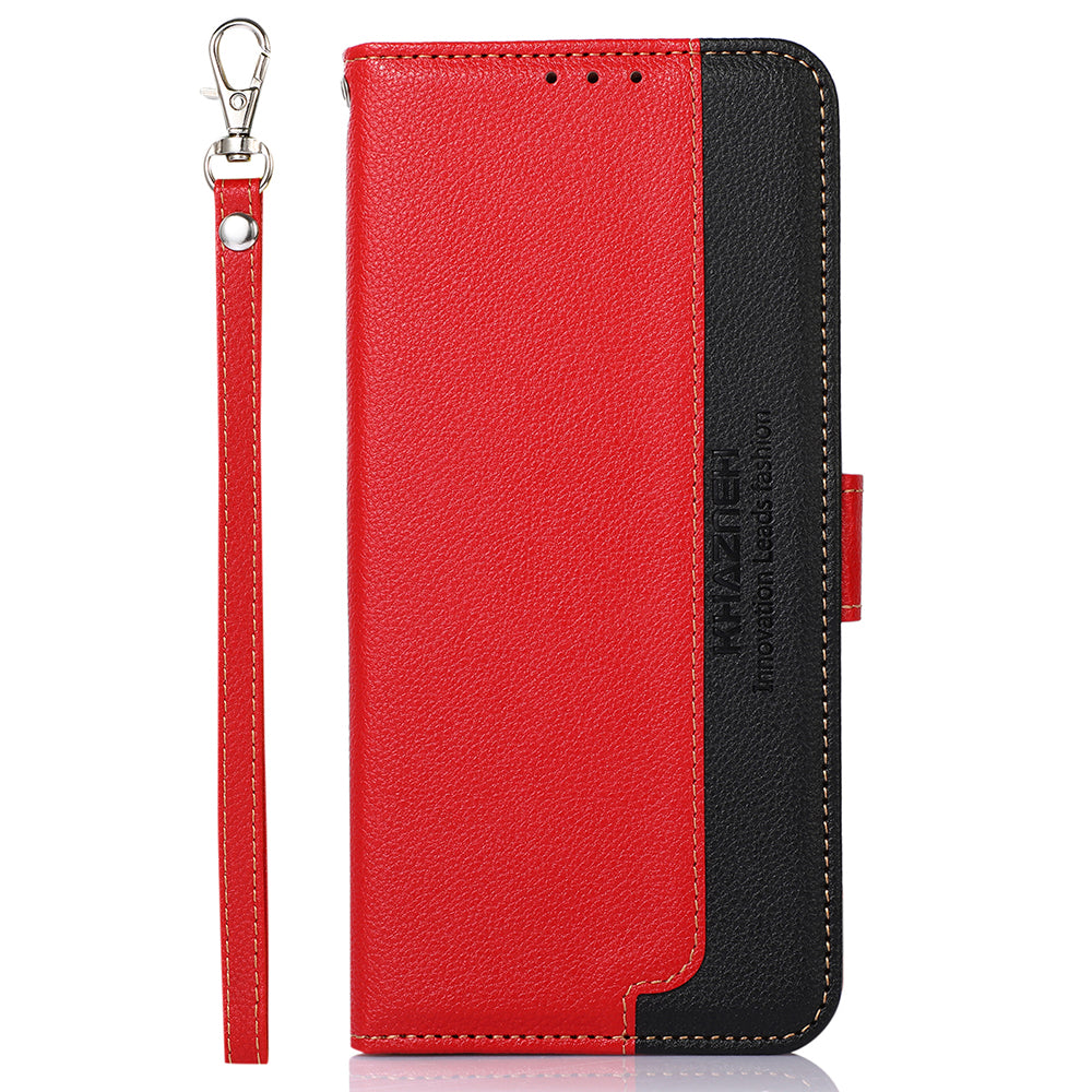 KHAZNEH Litchi Texture Bi-color PU Leather Wallet Phone Stand Case Shell with Anti-theft Swiping Design for iPhone 13 Pro Max 6.7 inch