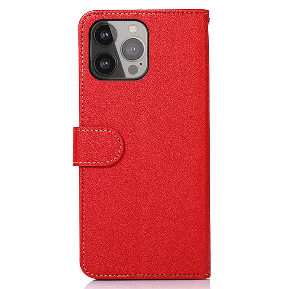 KHAZNEH Litchi Texture Bi-color PU Leather Wallet Phone Stand Case Shell with Anti-theft Swiping Design for iPhone 13 Pro Max 6.7 inch