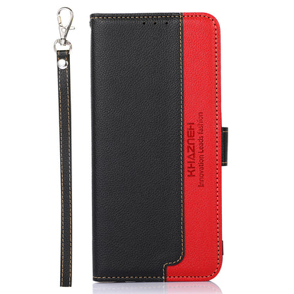 KHAZNEH Litchi Texture Bi-color PU Leather Wallet Phone Stand Case Shell with Anti-theft Swiping Design for iPhone 13 Pro Max 6.7 inch