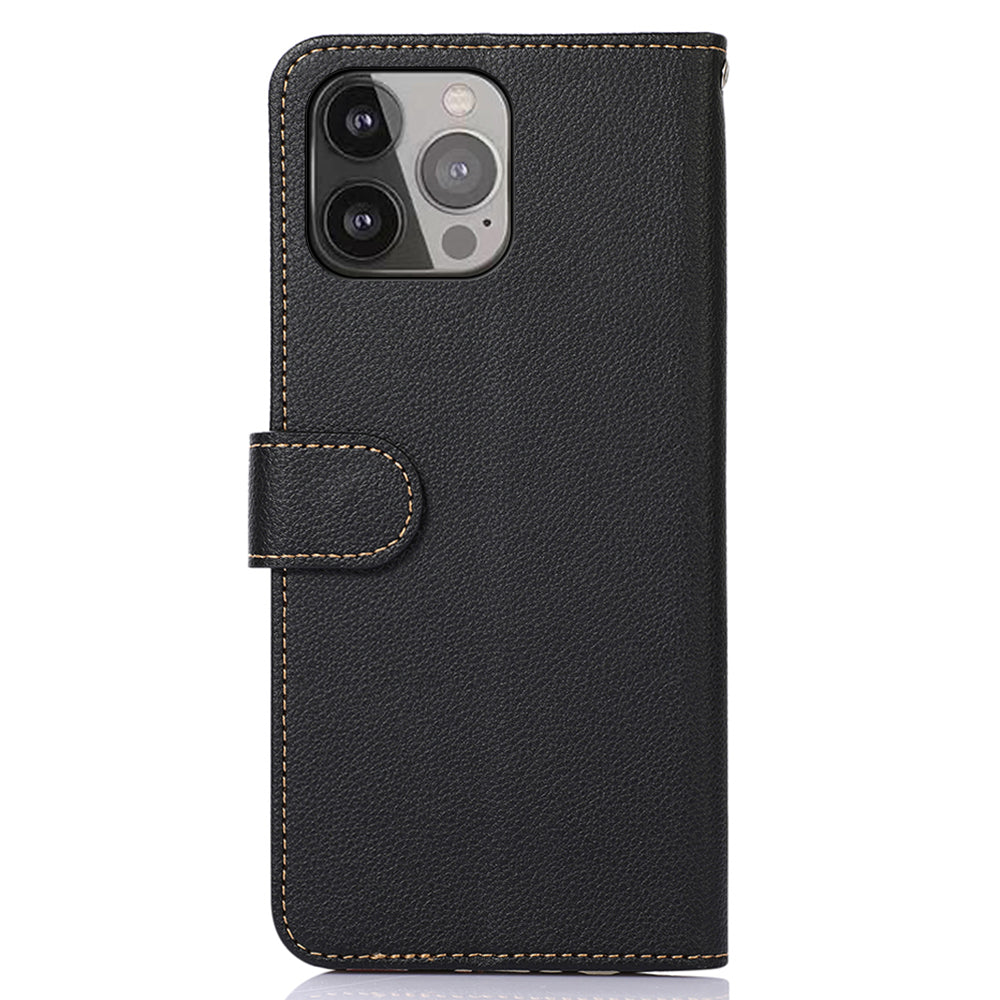 KHAZNEH Litchi Texture Bi-color PU Leather Wallet Phone Stand Case Shell with Anti-theft Swiping Design for iPhone 13 Pro Max 6.7 inch