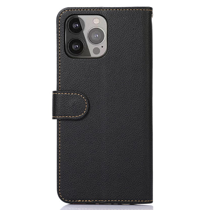 KHAZNEH Litchi Texture Bi-color PU Leather Wallet Phone Stand Case Shell with Anti-theft Swiping Design for iPhone 13 Pro Max 6.7 inch