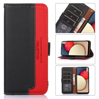 KHAZNEH Litchi Texture Bi-color PU Leather Wallet Phone Stand Case Shell with Anti-theft Swiping Design for iPhone 13 Pro Max 6.7 inch