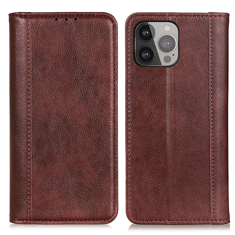 Litchi Texture Magnetic Auto-absorbed Split Leather Wallet Stand Phone Cover Case for iPhone 13 Pro Max 6.7 inch