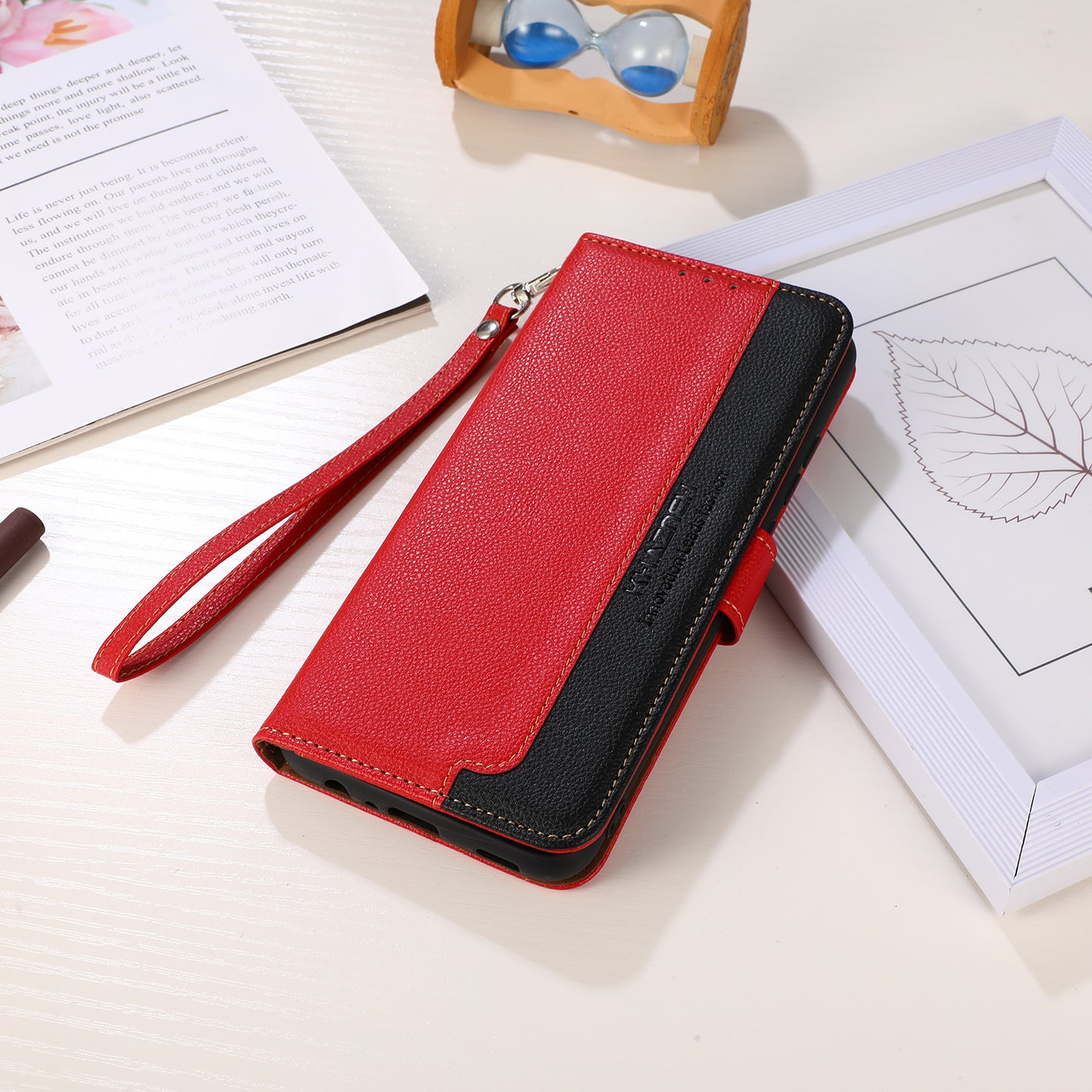 KHAZNEH Litchi Texture RFID Anti-theft Swiping Function Leather Phone Case for iPhone 13 Pro 6.1 inch