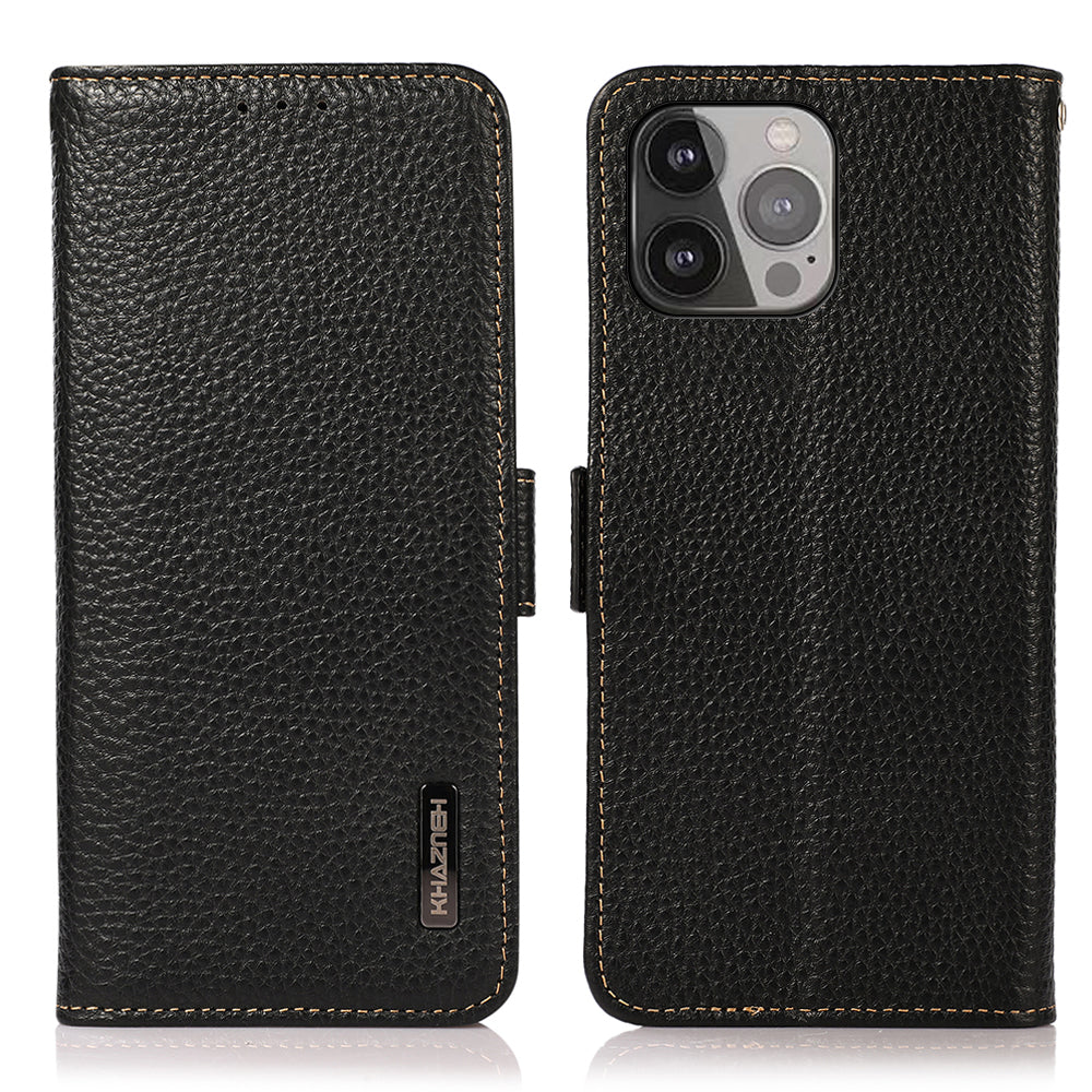 KHAZNEH Litchi Texture Anti-theft Swiping Design Genuine Leather Wallet Phone Case Shell for iPhone 13 Pro Max 6.7 inch