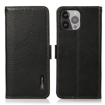KHAZNEH Litchi Texture Anti-theft Swiping Design Genuine Leather Wallet Phone Case Shell for iPhone 13 Pro Max 6.7 inch