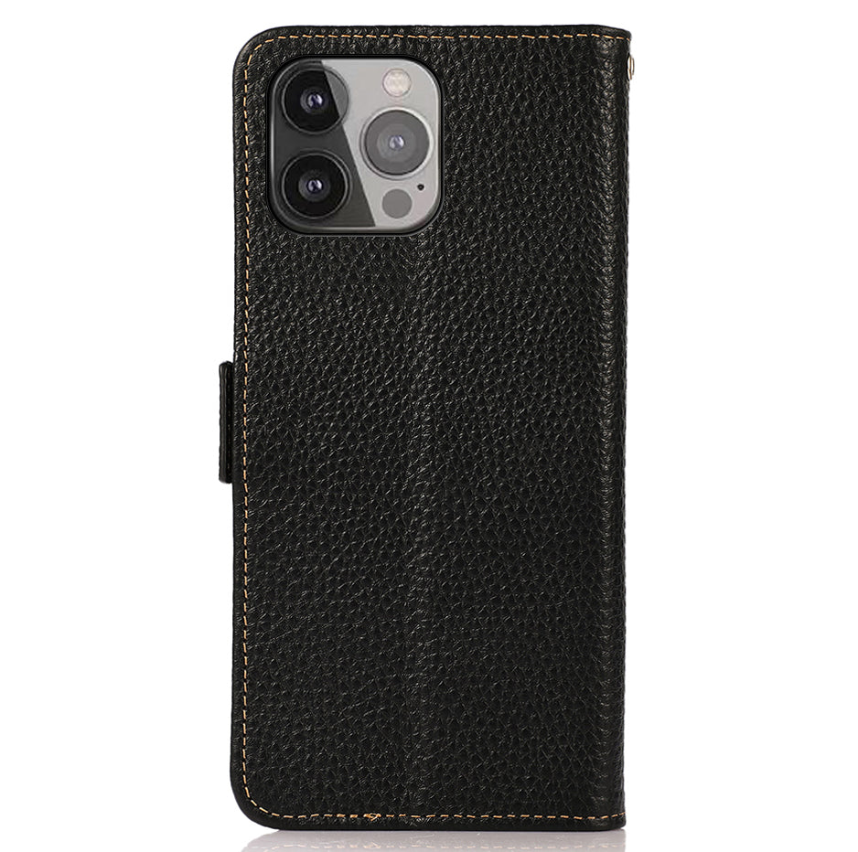 KHAZNEH Litchi Texture Anti-theft Swiping Design Genuine Leather Wallet Phone Case Shell for iPhone 13 Pro Max 6.7 inch
