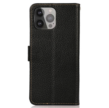 KHAZNEH Litchi Texture Anti-theft Swiping Design Genuine Leather Wallet Phone Case Shell for iPhone 13 Pro Max 6.7 inch