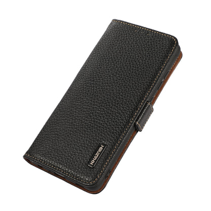 KHAZNEH Litchi Texture Anti-theft Swiping Design Genuine Leather Wallet Phone Case Shell for iPhone 13 Pro Max 6.7 inch