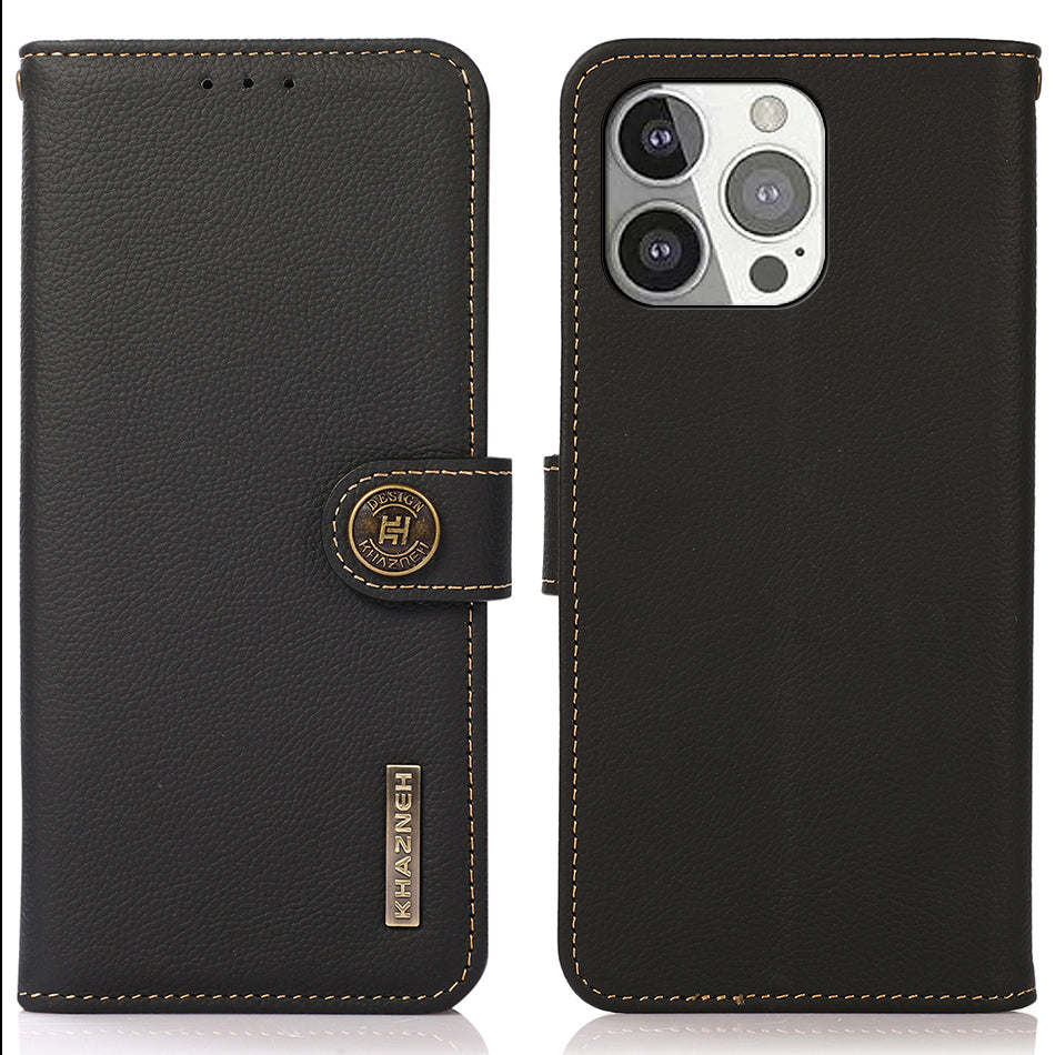 KHAZNEH Genuine Leather Anti-theft Swiping Design Wallet Phone Case  Stand Shell for iPhone 13 Pro 6.1 inch