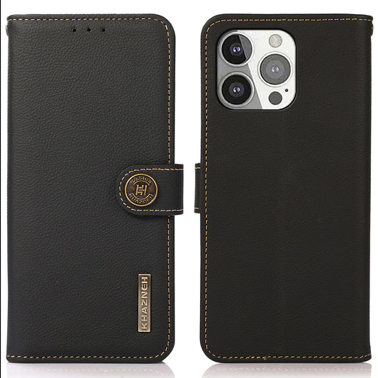 KHAZNEH Genuine Leather Anti-theft Swiping Design Wallet Phone Case  Stand Shell for iPhone 13 Pro 6.1 inch