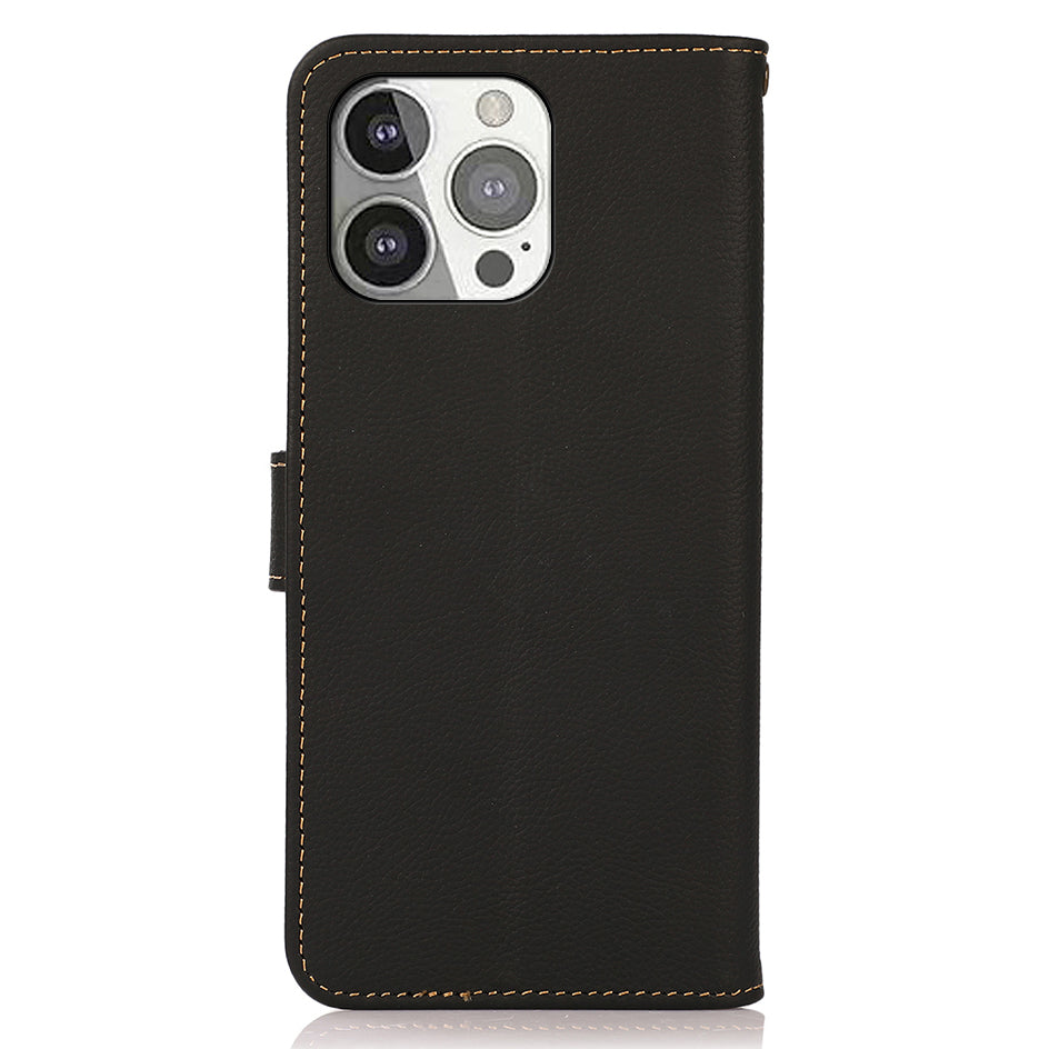 KHAZNEH Genuine Leather Anti-theft Swiping Design Wallet Phone Case  Stand Shell for iPhone 13 Pro 6.1 inch
