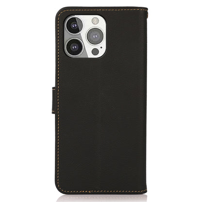KHAZNEH Genuine Leather Anti-theft Swiping Design Wallet Phone Case  Stand Shell for iPhone 13 Pro 6.1 inch
