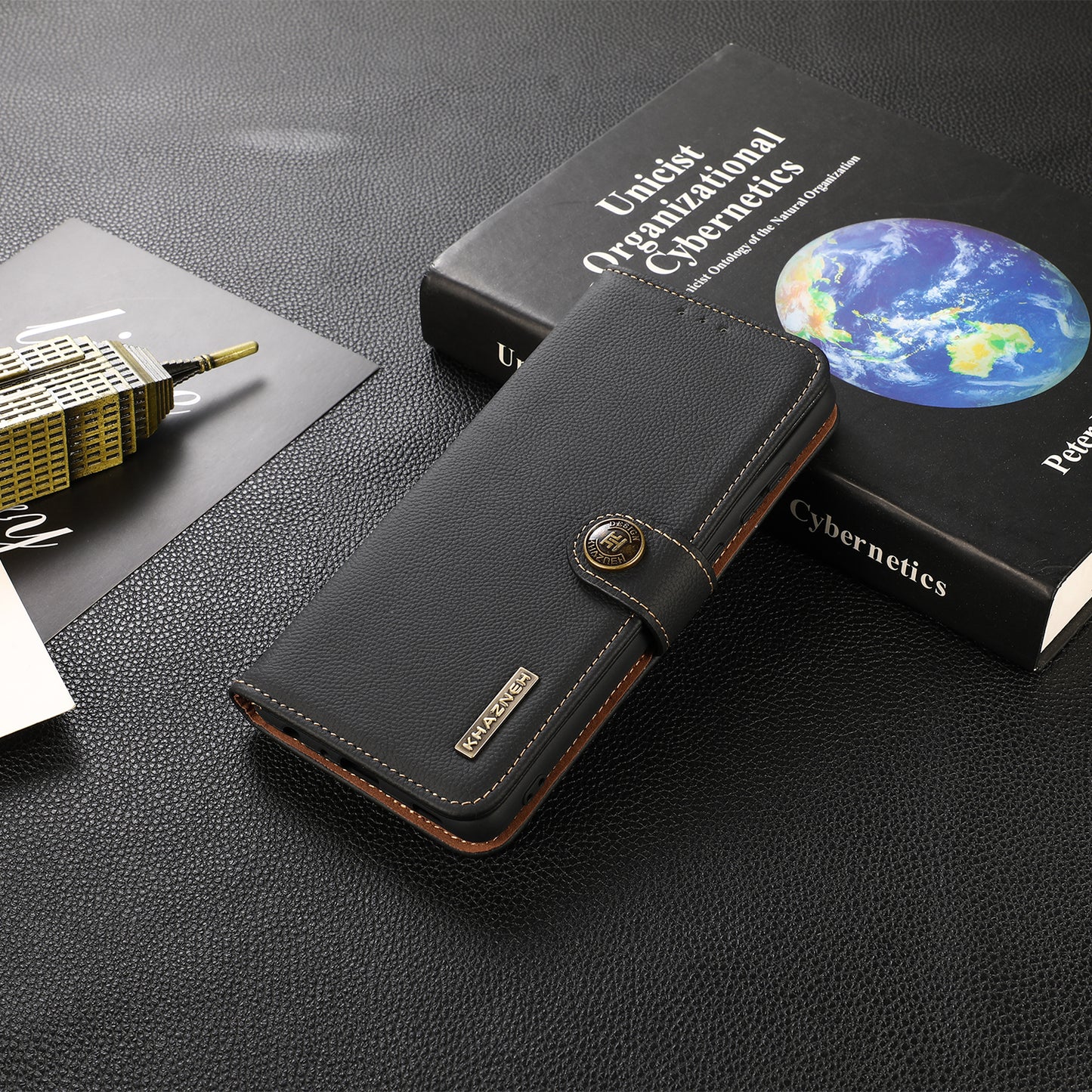 KHAZNEH Genuine Leather Anti-theft Swiping Design Wallet Phone Case  Stand Shell for iPhone 13 Pro 6.1 inch