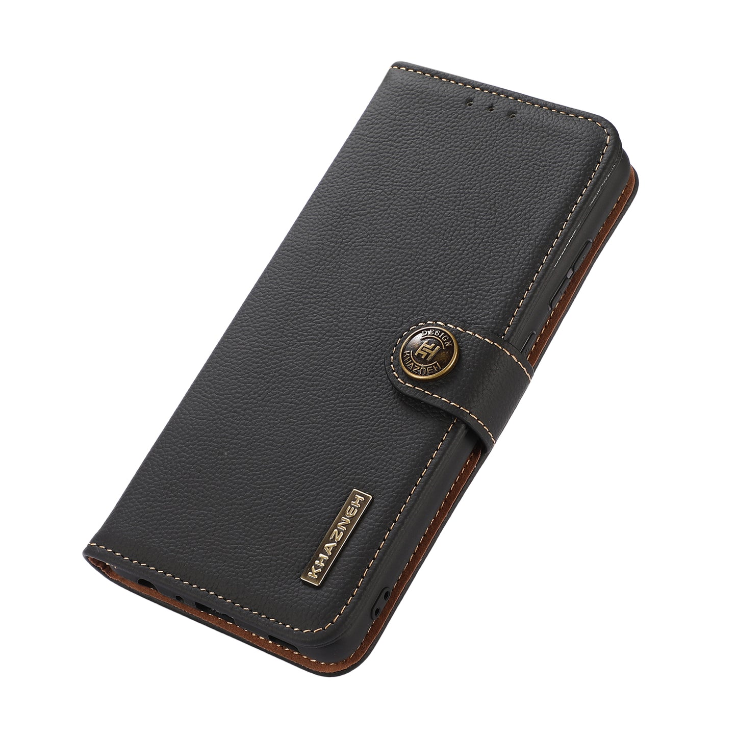 KHAZNEH Genuine Leather Anti-theft Swiping Design Wallet Phone Case  Stand Shell for iPhone 13 Pro 6.1 inch