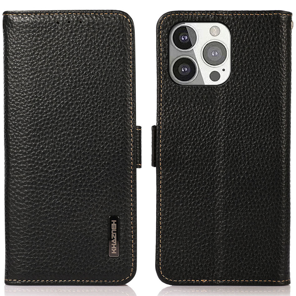 KHAZNEH Litchi Texture Genuine Leather Wallet Phone Case Protector with Anti-theft Swiping Design for iPhone 13 Pro 6.1 inch