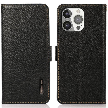 KHAZNEH Litchi Texture Genuine Leather Wallet Phone Case Protector with Anti-theft Swiping Design for iPhone 13 Pro 6.1 inch