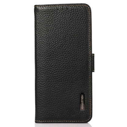 KHAZNEH Litchi Texture Genuine Leather Wallet Phone Case Protector with Anti-theft Swiping Design for iPhone 13 Pro 6.1 inch
