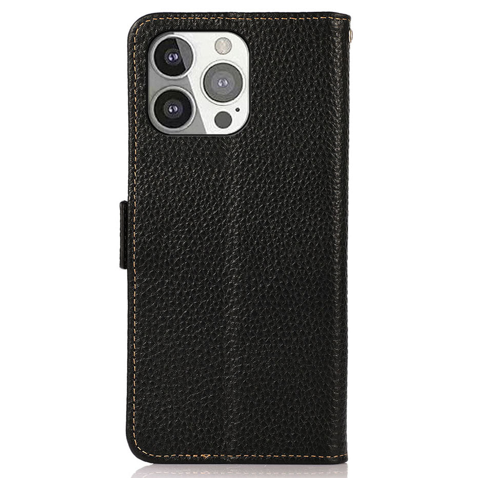KHAZNEH Litchi Texture Genuine Leather Wallet Phone Case Protector with Anti-theft Swiping Design for iPhone 13 Pro 6.1 inch