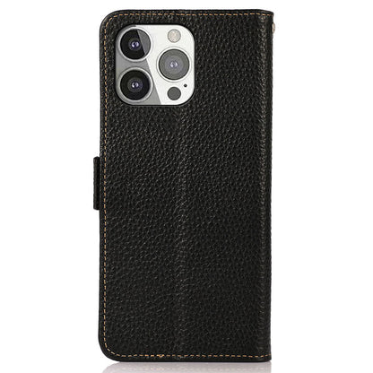 KHAZNEH Litchi Texture Genuine Leather Wallet Phone Case Protector with Anti-theft Swiping Design for iPhone 13 Pro 6.1 inch