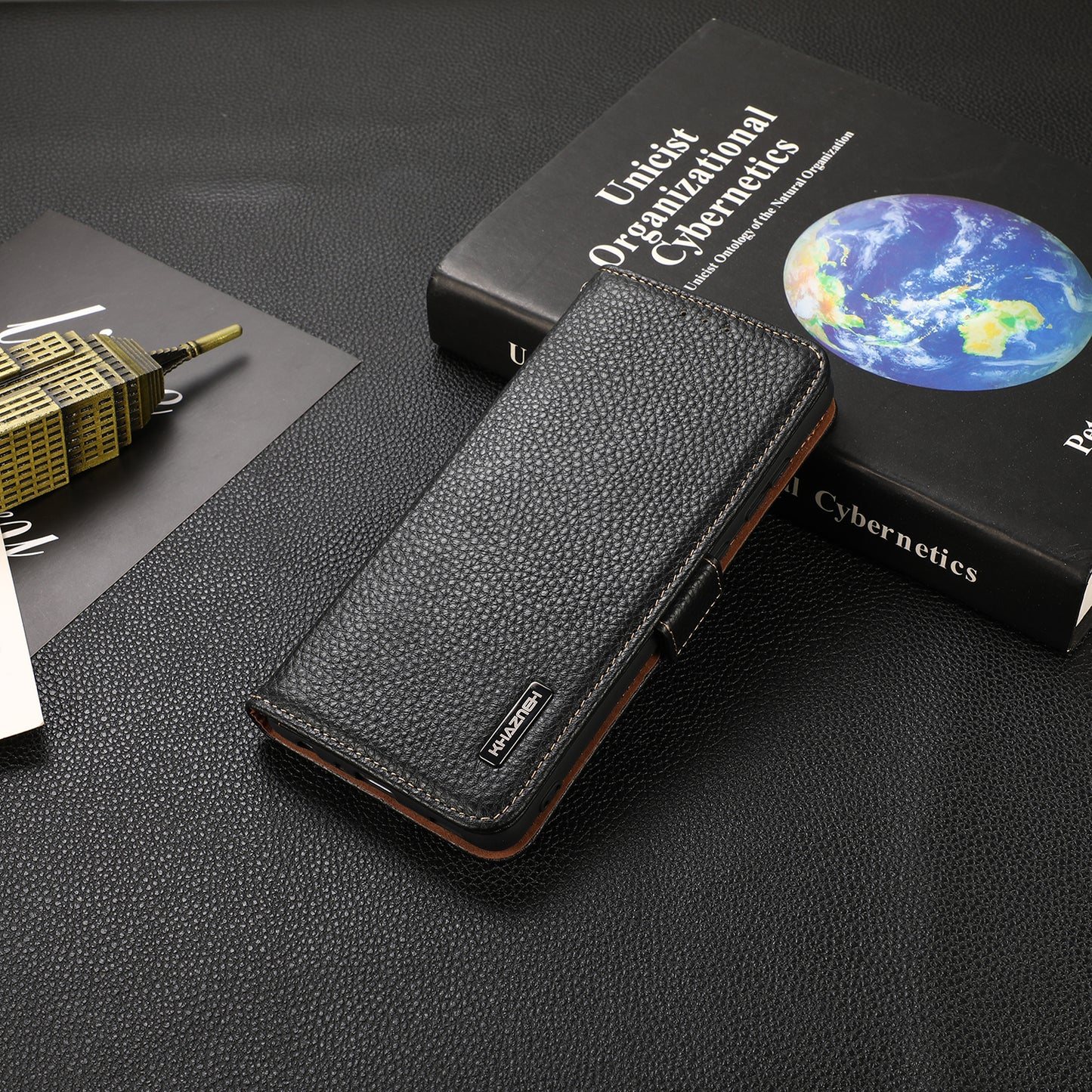 KHAZNEH Litchi Texture Genuine Leather Wallet Phone Case Protector with Anti-theft Swiping Design for iPhone 13 Pro 6.1 inch