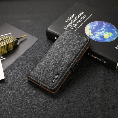 KHAZNEH Litchi Texture Genuine Leather Wallet Phone Case Protector with Anti-theft Swiping Design for iPhone 13 Pro 6.1 inch