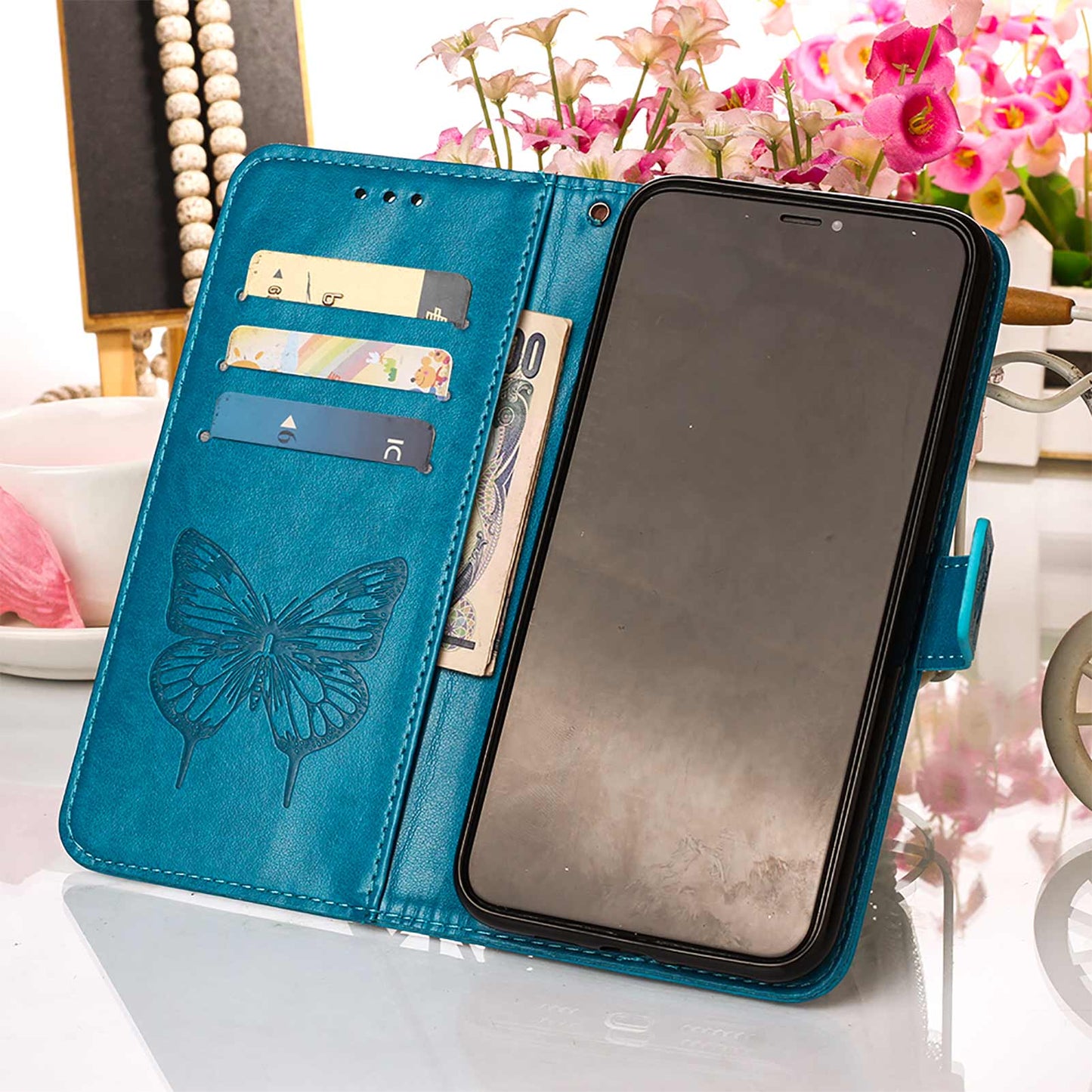 Full Protective Imprint Butterfly Flower Pattern Wallet Stand Leather Phone Case for iPhone 13 Pro 6.1 inch