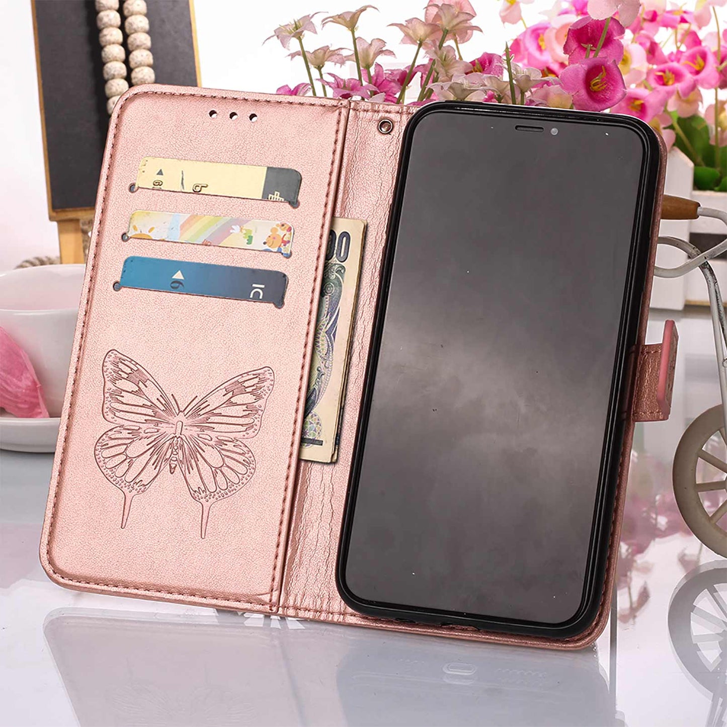 Full Protective Imprint Butterfly Flower Pattern Wallet Stand Leather Phone Case for iPhone 13 Pro 6.1 inch