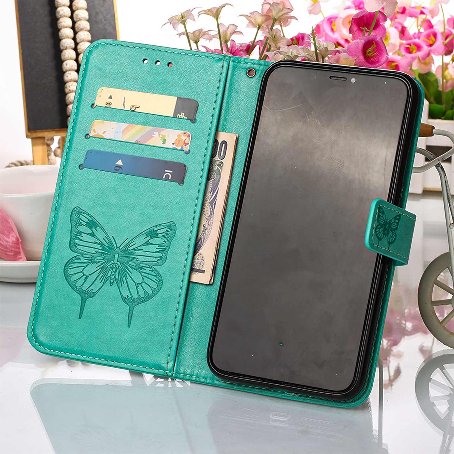 Full Protective Imprint Butterfly Flower Pattern Wallet Stand Leather Phone Case for iPhone 13 Pro 6.1 inch