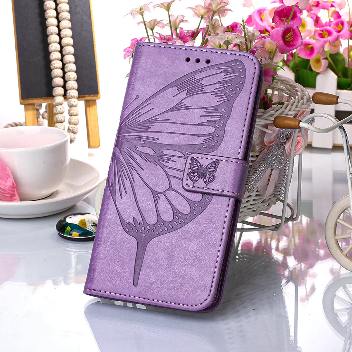 Full Protective Imprint Butterfly Flower Pattern Wallet Stand Leather Phone Case for iPhone 13 Pro 6.1 inch
