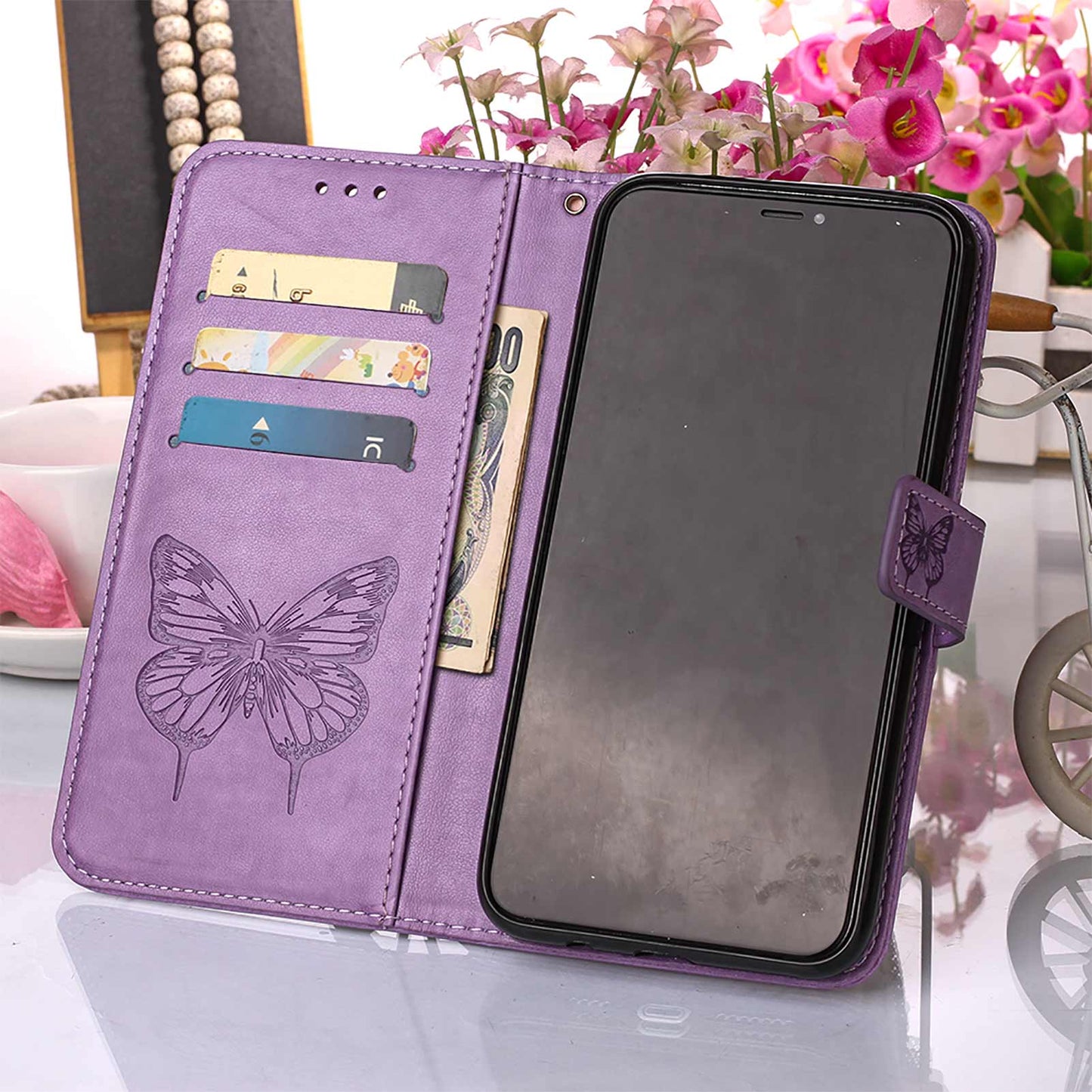 Full Protective Imprint Butterfly Flower Pattern Wallet Stand Leather Phone Case for iPhone 13 Pro 6.1 inch