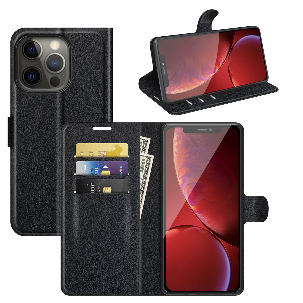 Litchi Texture Wallet Stand Design Folio Flip PU Leather Case Phone Cover for iPhone 13 Pro Max 6.7 inch