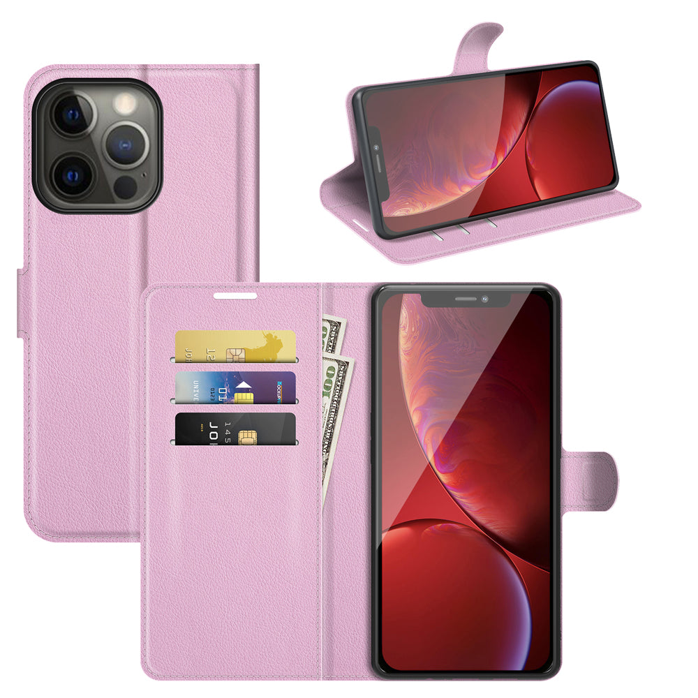 Litchi Texture Wallet Stand Design Folio Flip PU Leather Case Phone Cover for iPhone 13 Pro Max 6.7 inch
