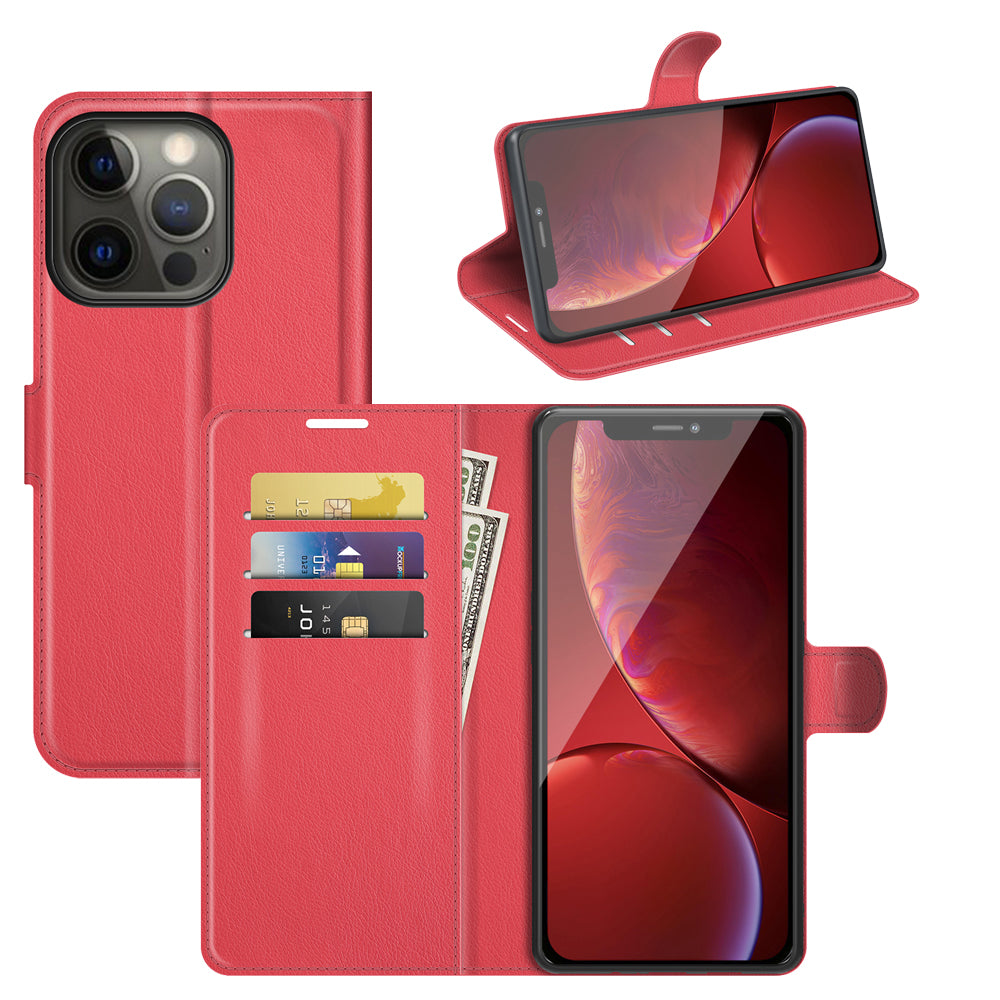 Litchi Texture Wallet Stand Design Folio Flip PU Leather Case Phone Cover for iPhone 13 Pro Max 6.7 inch