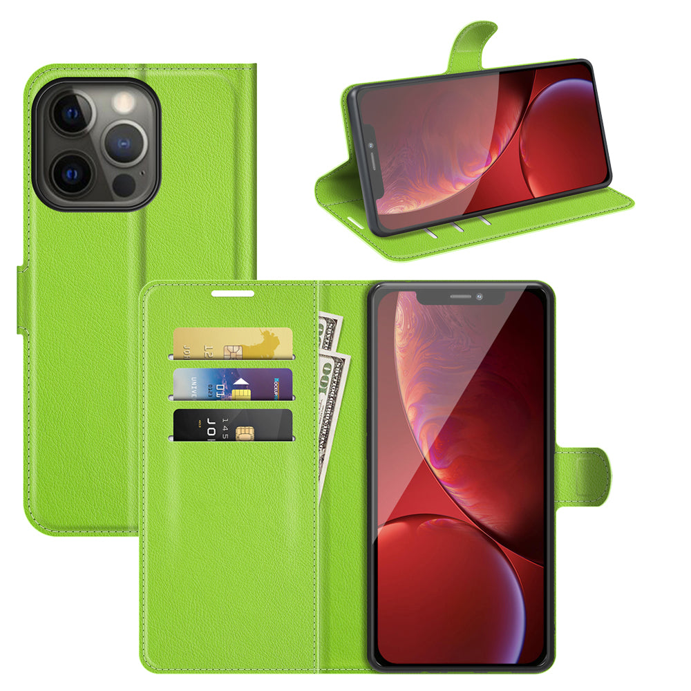 Litchi Texture Wallet Stand Design Folio Flip PU Leather Case Phone Cover for iPhone 13 Pro Max 6.7 inch