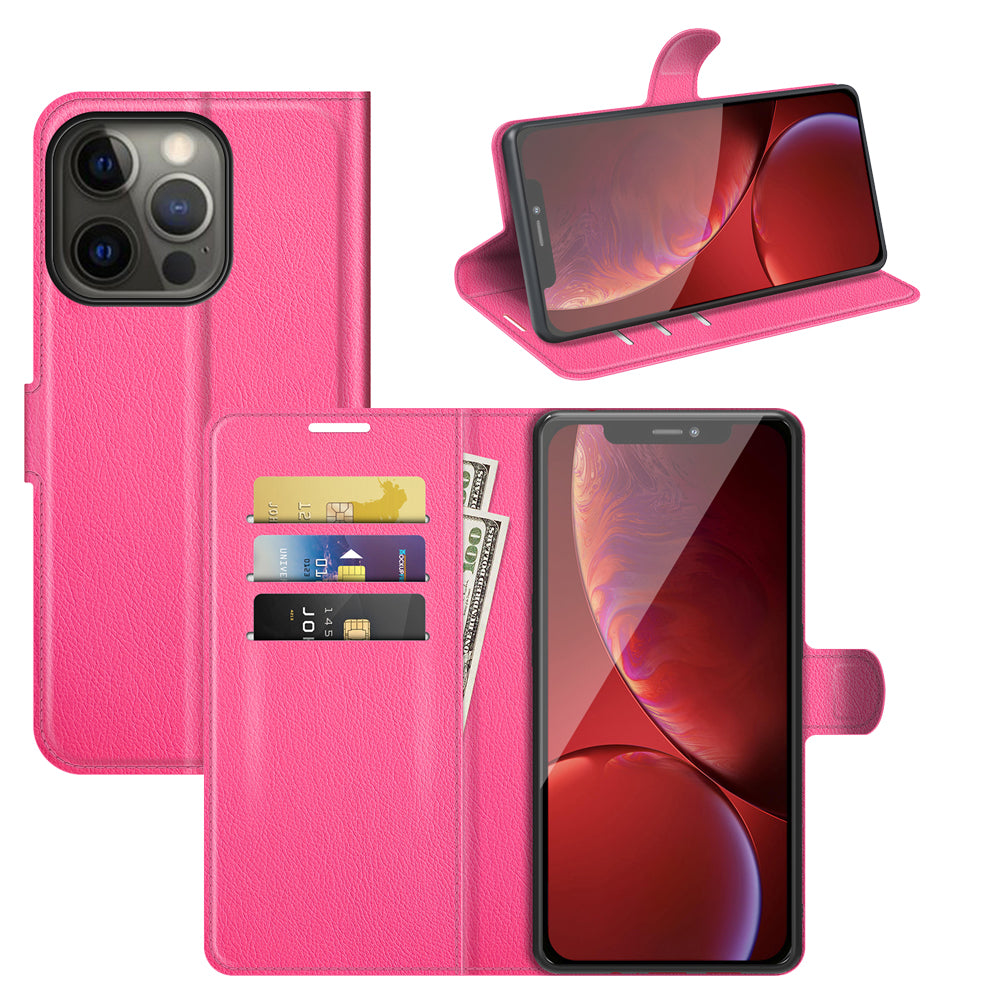 Litchi Texture Wallet Stand Design Folio Flip PU Leather Case Phone Cover for iPhone 13 Pro Max 6.7 inch